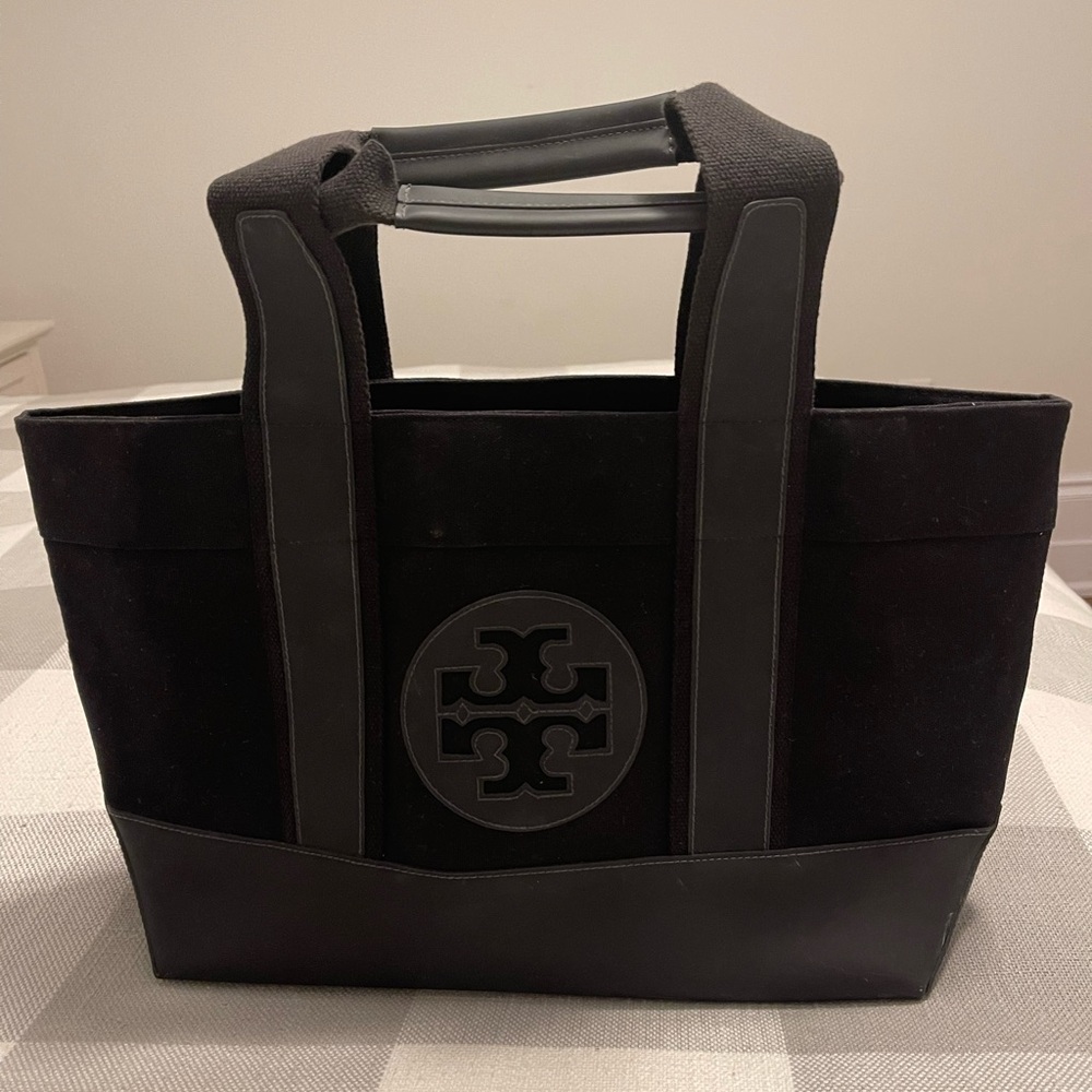 Like New Tory Burch Black Canvas and Leather Tote Bag